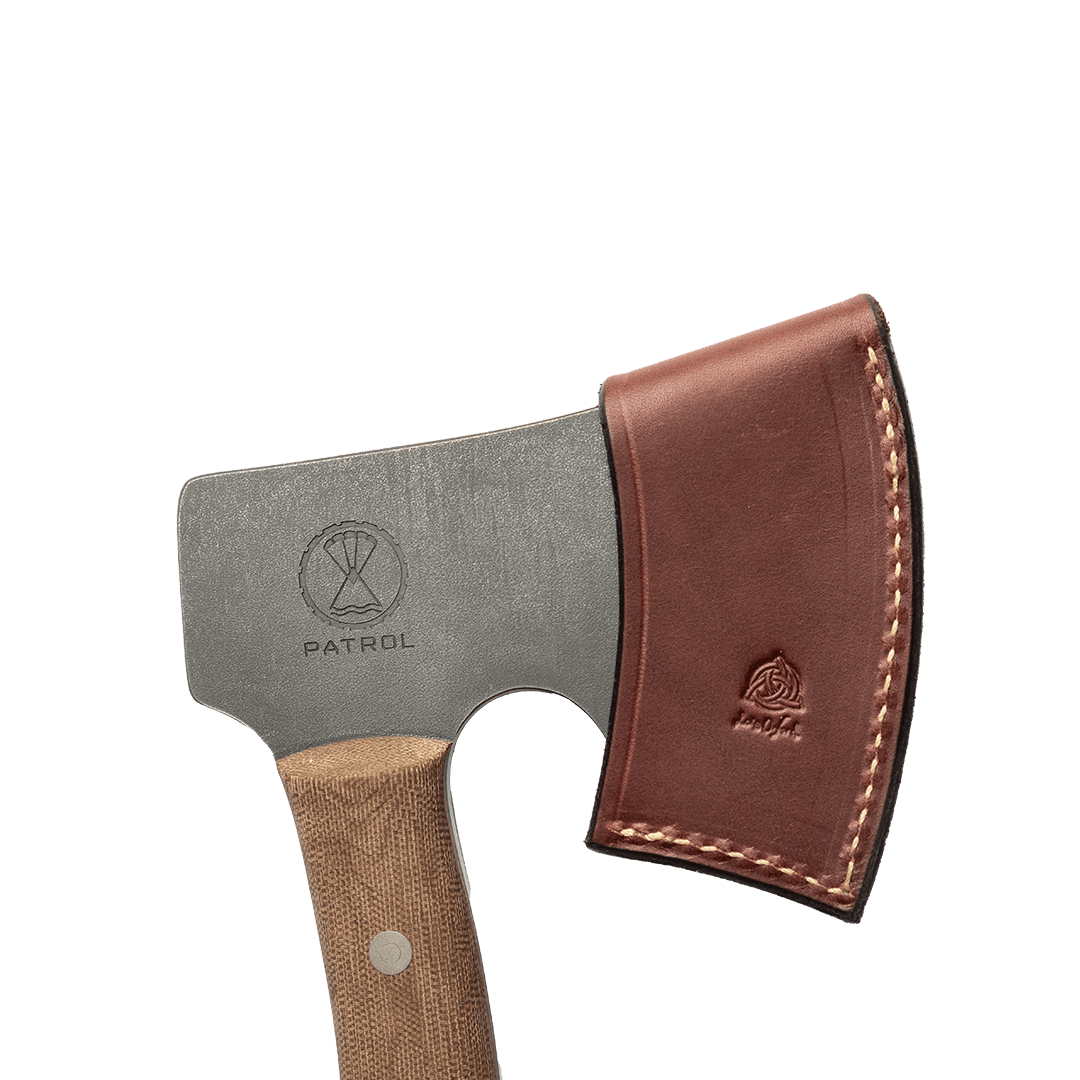 Patrol Campcraft Axe Leather Sheath closeuo, Handmade in Hereford, bushcraft tool