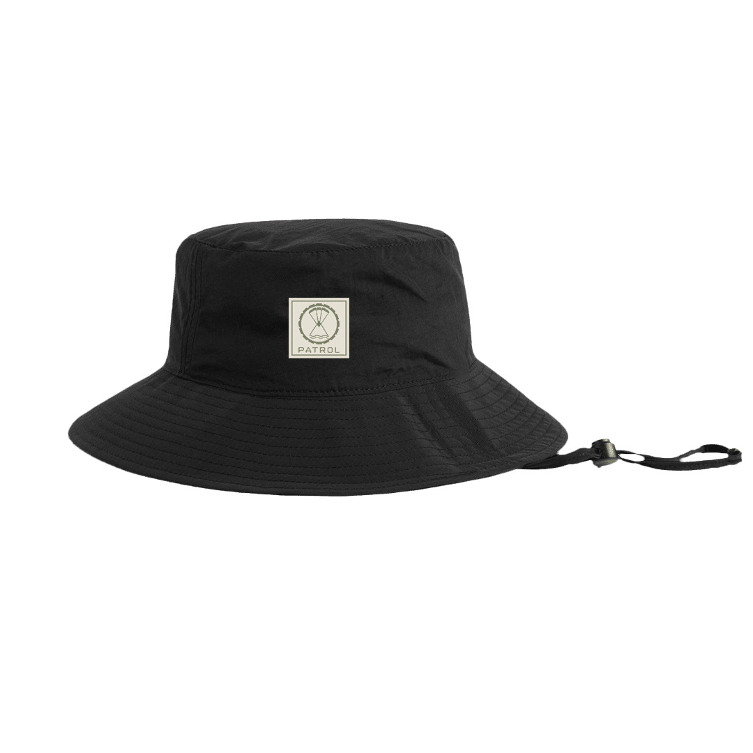 Black Patrol Wide Brim Bucket Hat, Quick dry nylon hat, perfect for Hiking, camping, fishing and festivals.