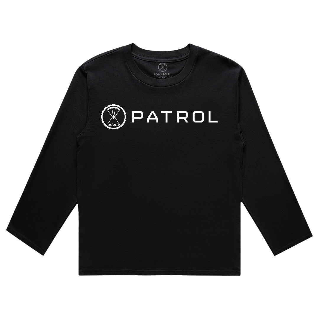 Patrol Goods Women's Long Sleeve Basics t-shirt in black with white logo, ladies outdoor clothing.