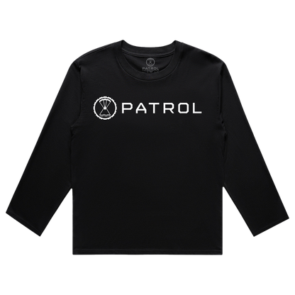 Patrol Goods Women's Long Sleeve Basics t-shirt in black with white logo, ladies outdoor clothing.