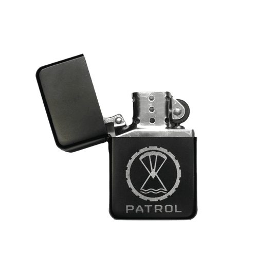 Patrol Windproof Lighter, Engraved metal refillable flip top lighter perfect for camping.
