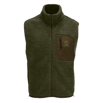 Patrol Goods green sherpa gilet body warmer, outdoor unisex clothing.