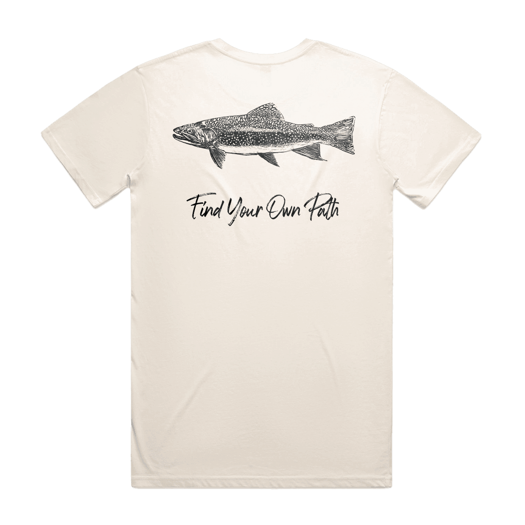 Patrol goods field sports fish tee back view, Hand drawn Fish graphic on a ecru colour t-shirt. Hunting and fishing outdoor clothing.