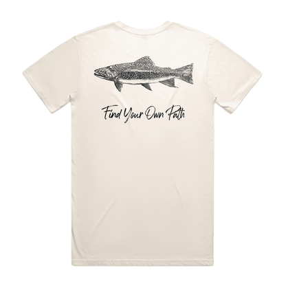 Patrol goods field sports fish tee back view, Hand drawn Fish graphic on a ecru colour t-shirt. Hunting and fishing outdoor clothing.