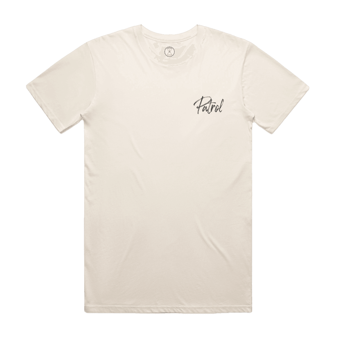 Patrol goods field sports fish tee front view, Handwritten logo graphic on a ecru colour t-shirt. Hunting and fishing outdoor clothing.