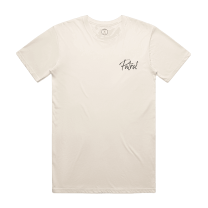 Patrol goods field sports fish tee front view, Handwritten logo graphic on a ecru colour t-shirt. Hunting and fishing outdoor clothing.