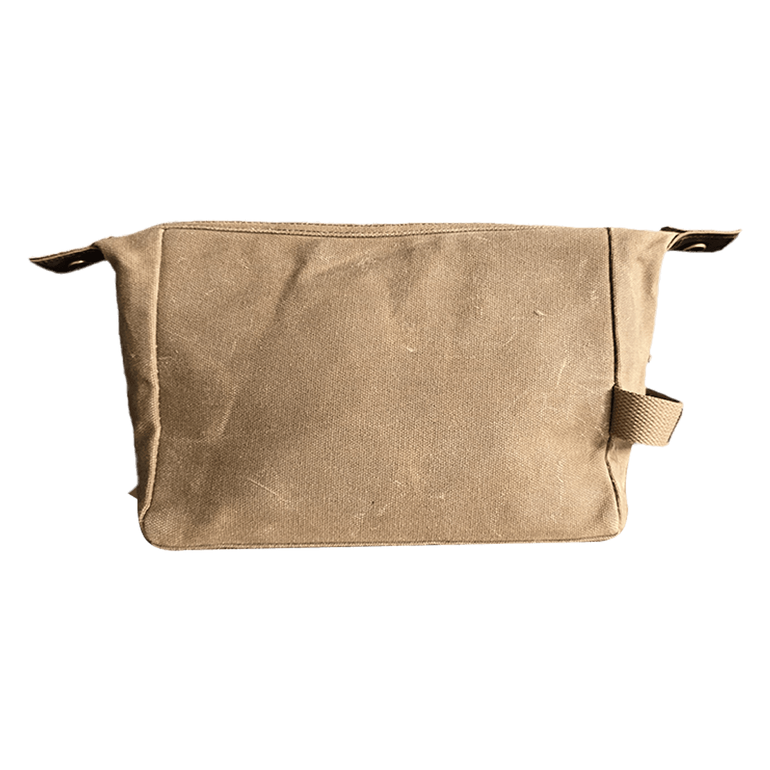 Patrol Goods sand waxed canvas washbag. Rugged outdoor accessory.