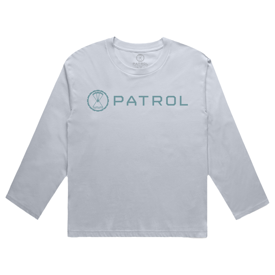 Patrol Goods Women's Long Sleeve Basics t-shirt in powder blue with teal logo, ladies outdoor clothing.