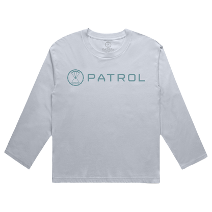 Patrol Goods Women's Long Sleeve Basics t-shirt in powder blue with teal logo, ladies outdoor clothing.