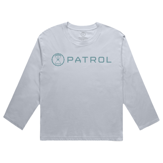 Patrol Goods Women's Long Sleeve Basics t-shirt in powder blue with teal logo, ladies outdoor clothing.