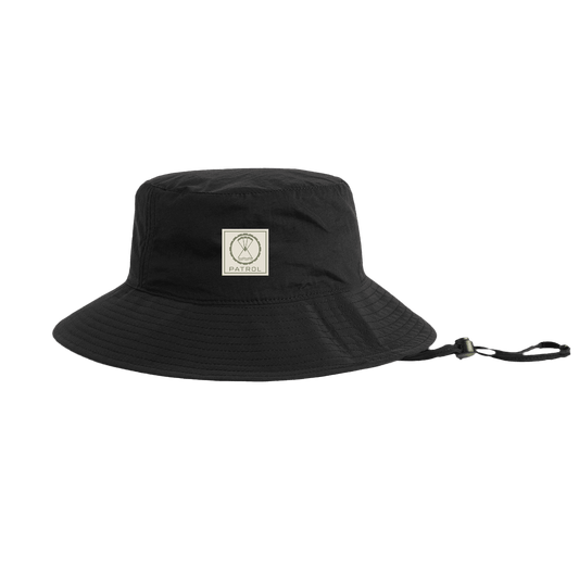 Black Patrol Wide Brim Bucket Hat, Quick dry nylon hat, perfect for Hiking, camping, fishing and festivals.