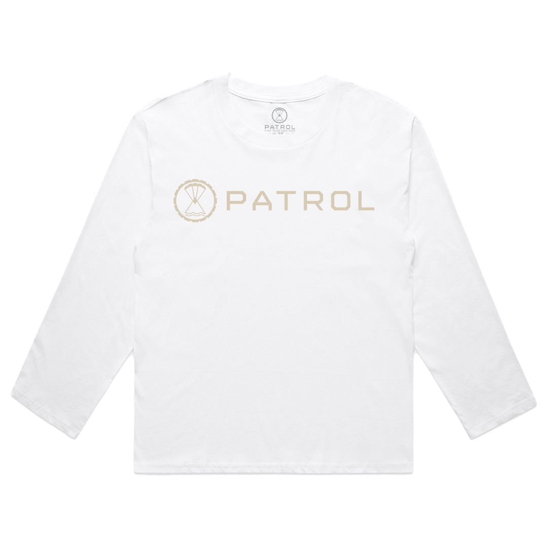 Patrol Goods Women's Long Sleeve Basics t-shirt in white with sand colour logo, ladies outdoor clothing
