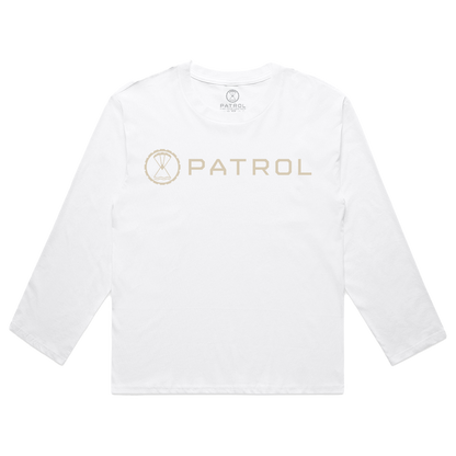 Patrol Goods Women's Long Sleeve Basics t-shirt in white with sand colour logo, ladies outdoor clothing