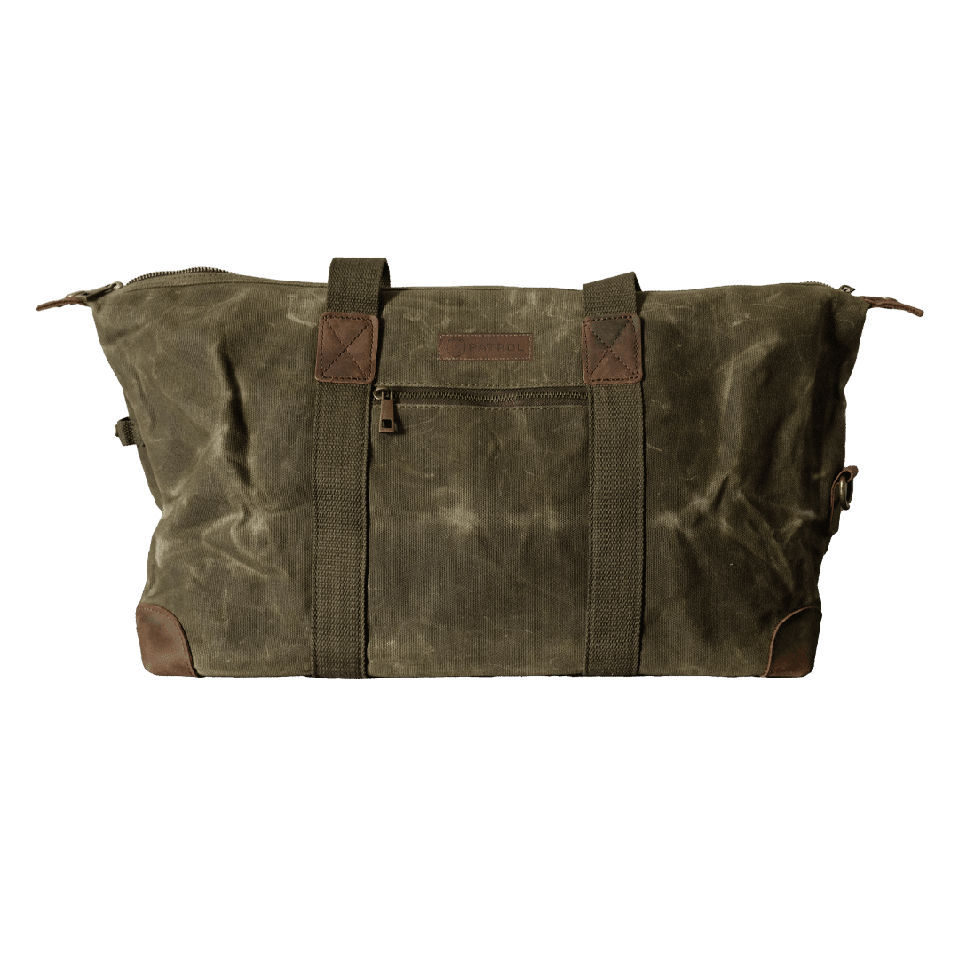 Olive Patrol Weekender Bag, Rugged fully lined waxed canvas and leather duffel bag, 19L of storage space